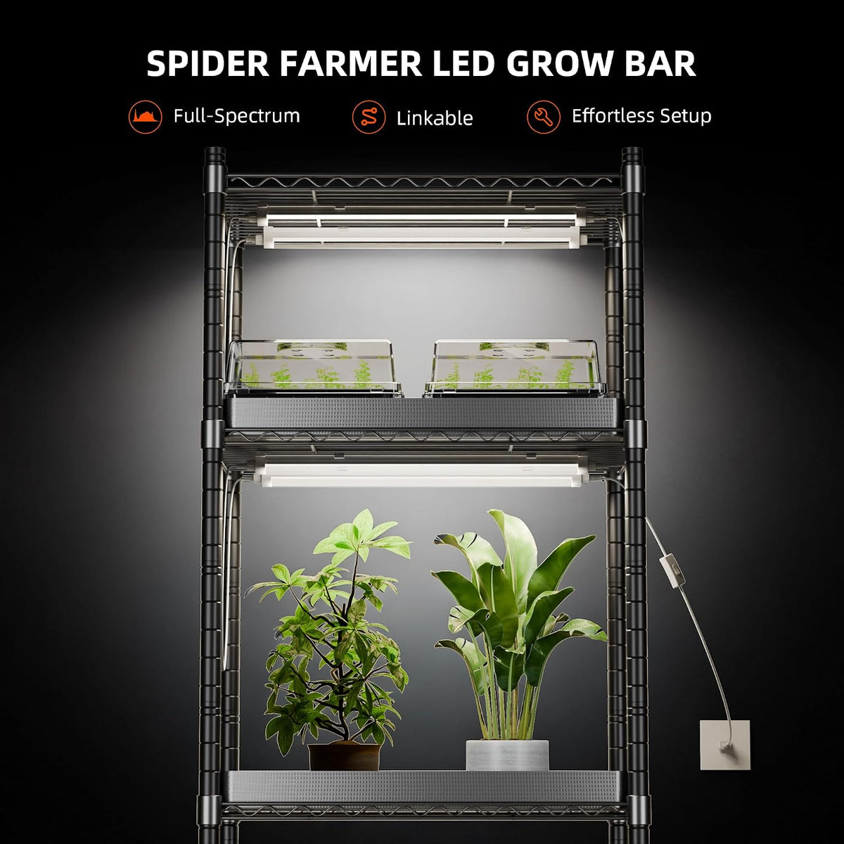Spider Farmer 1FT LED Grow Lights for Indoor Plants,Full Spectrum (3000K+5000K+660nm),40W (4x10W,200W Equivalent),3-Level Dimmable,IP65 Waterproof,Linkable Design,Plant Light Strip for Shelve,4-Pack