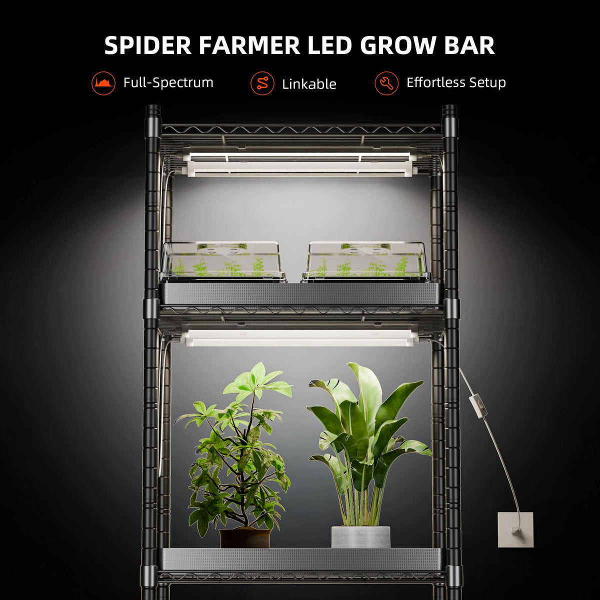 Spider Farmer 1FT LED Grow Lights for Indoor Plants,Full Spectrum (3000K+5000K+660nm),40W (4x10W,200W Equivalent),3-Level Dimmable,IP65 Waterproof,Linkable Design,Plant Light Strip for Shelve,4-Pack