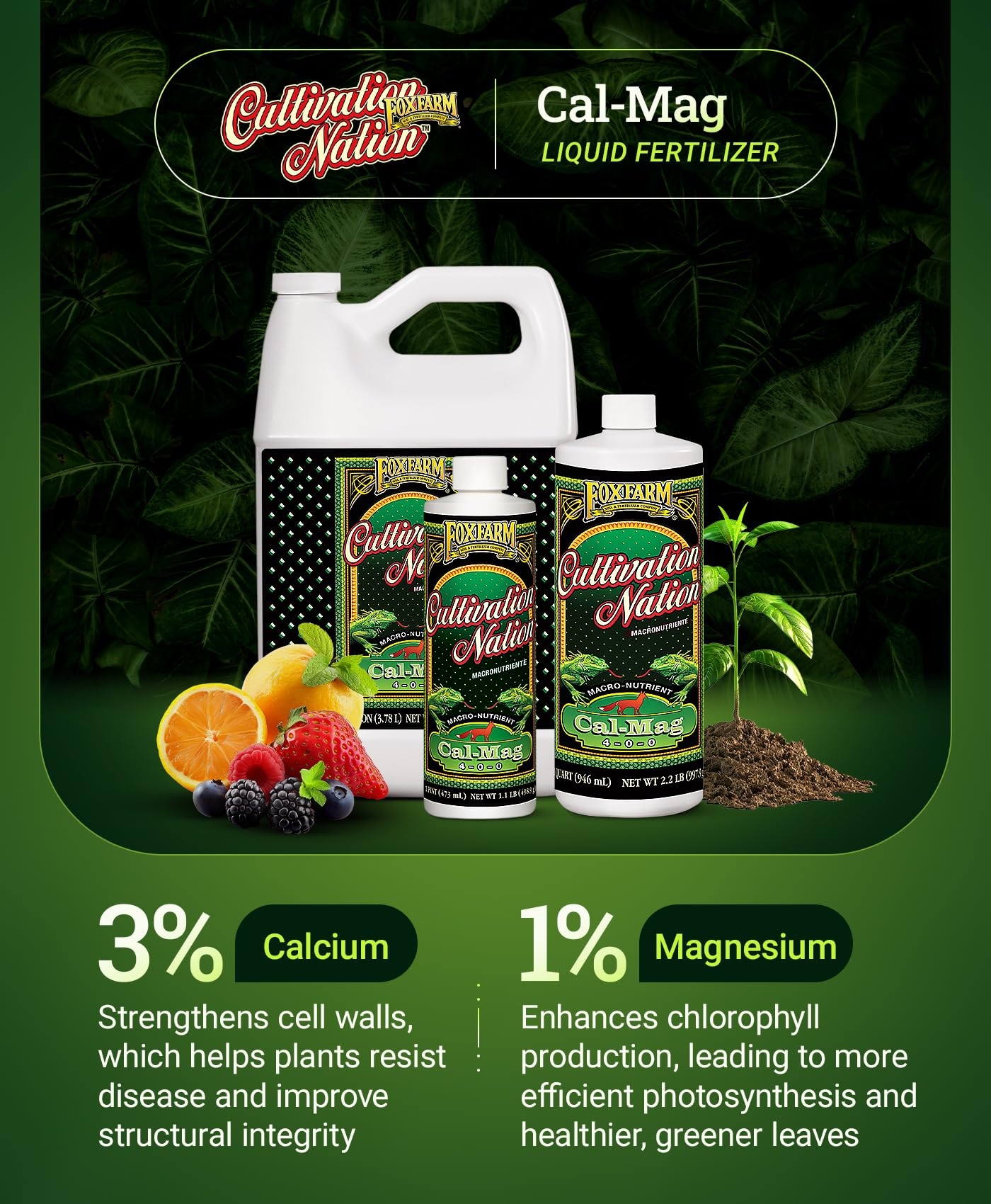 Fox Farm Cultivation Nation Cal-Mag Supplement - Formula with 3% Calcium & 1% Magnesium for Flowering & Fruiting, Ideal for Hydroponics, Soil, & All Growing Environment, NPK 4-0-0 (1 Quart)