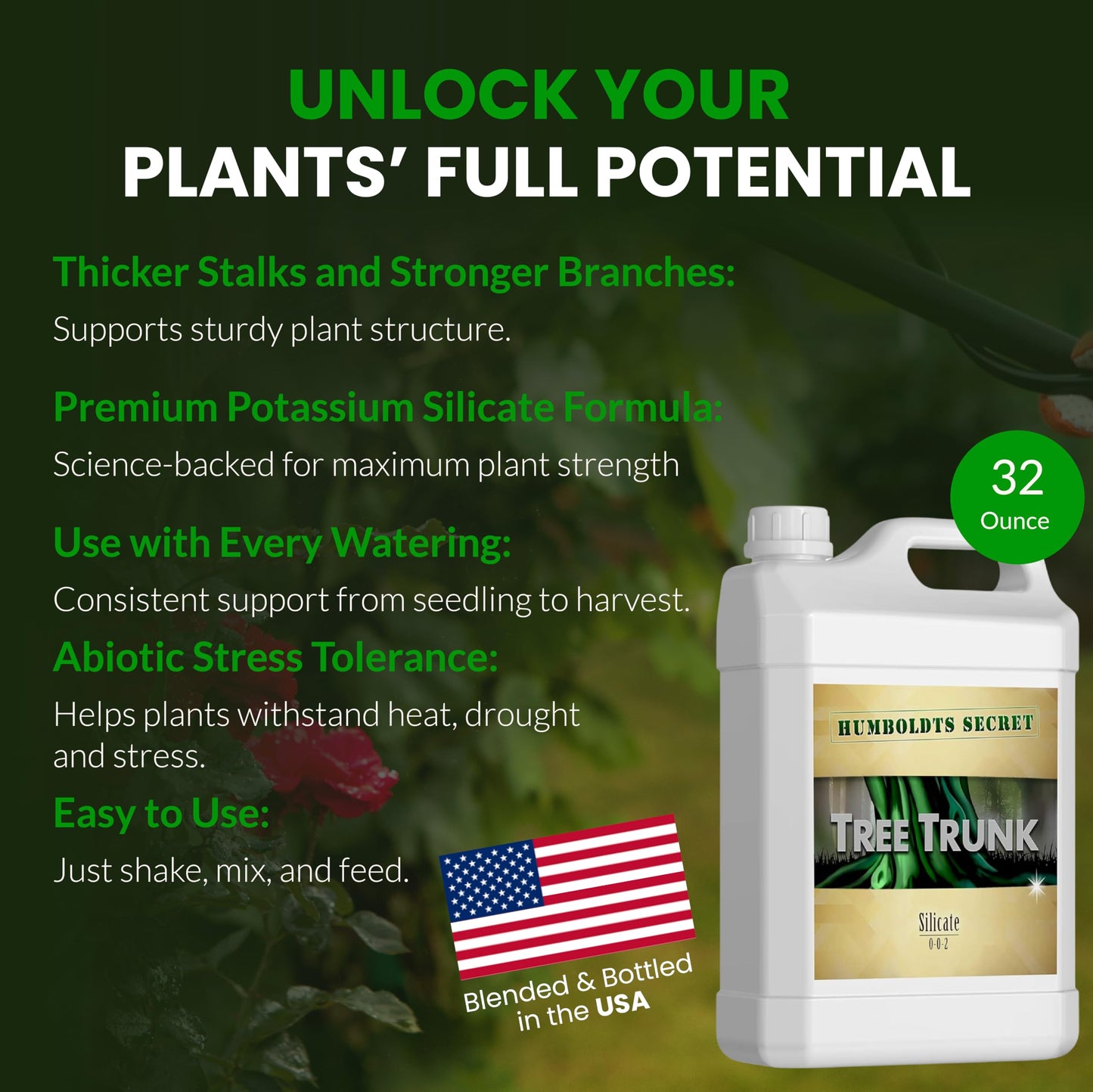 Humboldts Secret Tree Trunk | Potassium Silicate Additive | Liquid Fertilizer for Thicker Stalks, Stress Resistance & Branch Development | Indoor & Outdoor Plant Food, Hydroponic Nutrients, 32 Ounce
