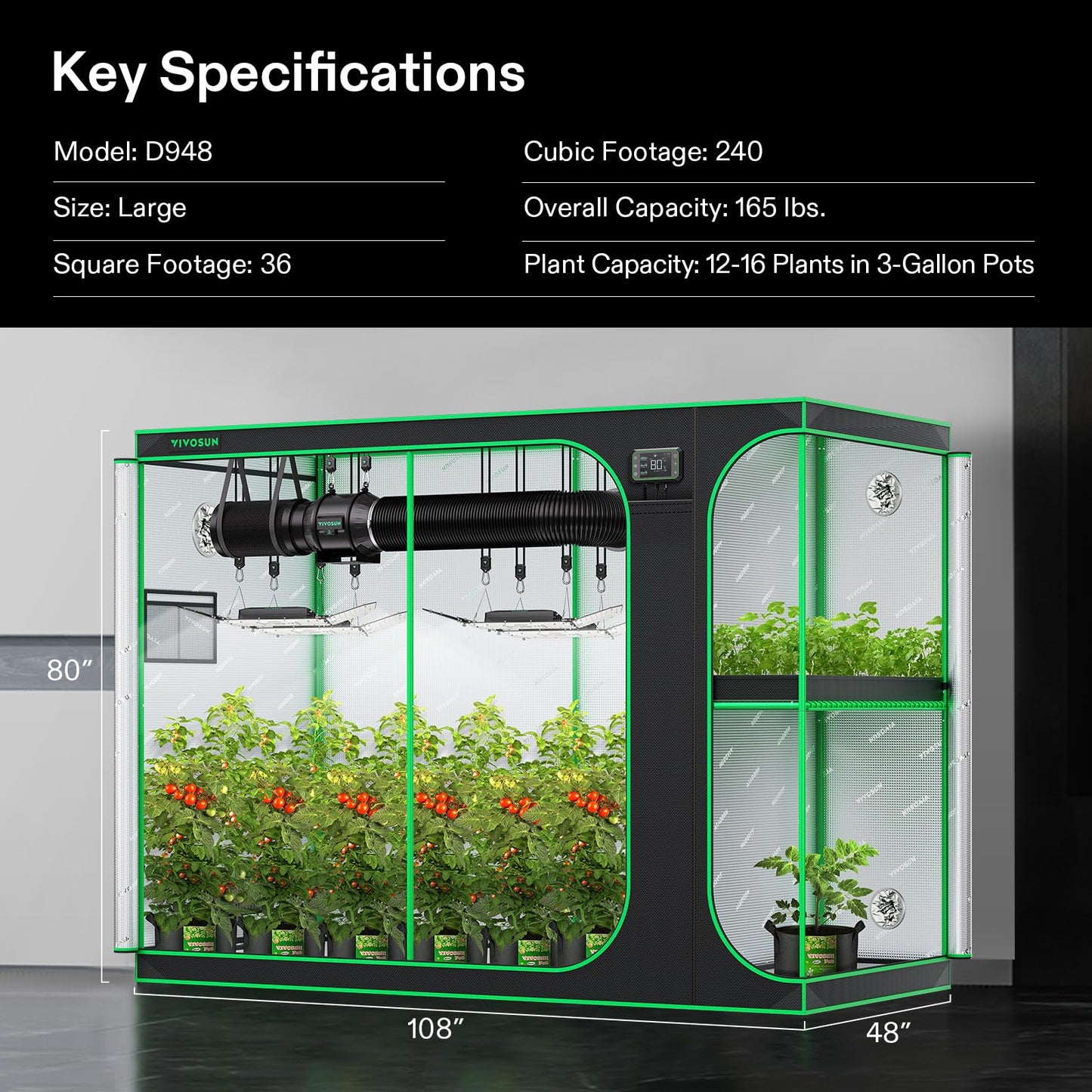 VIVOSUN D948 2-in-1 9x4 Grow Tent, 108"x48"x80" High Reflective Mylar with Multi-Chamber and Floor Tray for Hydroponic Indoor Plant