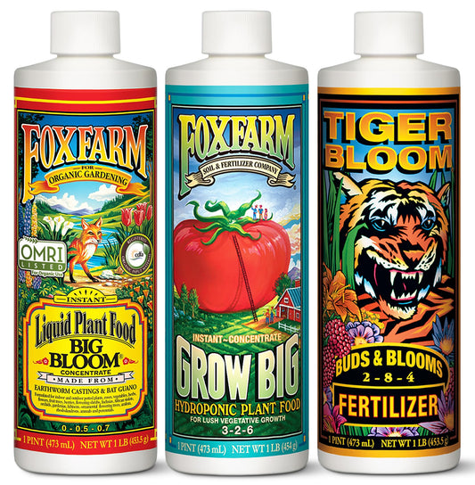 FoxFarm Liquid Nutrient Trio Hydro Formula: Big Bloom, Grow Big Hydro & Tiger Bloom - for Hydroponic Gardening, Green Growth, Buds & Late-Season Flowers, (3-32 oz Bottles)