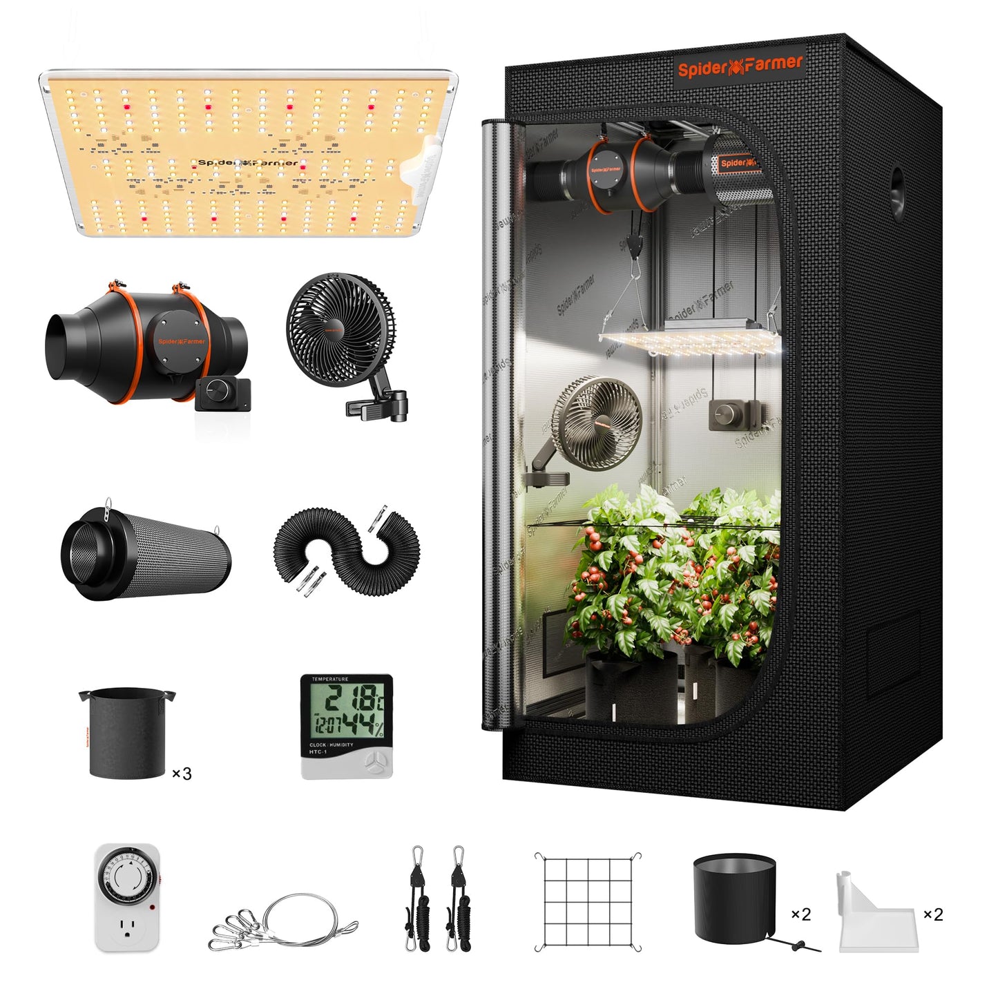 Spider Farmer Grow Tent Kit 2x2x5ft Complete System, SF1000D Samsung Diodes Full Spectrum LED Grow Light 24"X24"X55" Indoor 1680D Mylar Tent with 4" Ventilation System & 6'' Clip Fan