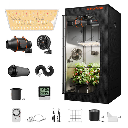 Spider Farmer Grow Tent Kit 2x2x5ft Complete System, SF1000D Samsung Diodes Full Spectrum LED Grow Light 24"X24"X55" Indoor 1680D Mylar Tent with 4" Ventilation System & 6'' Clip Fan