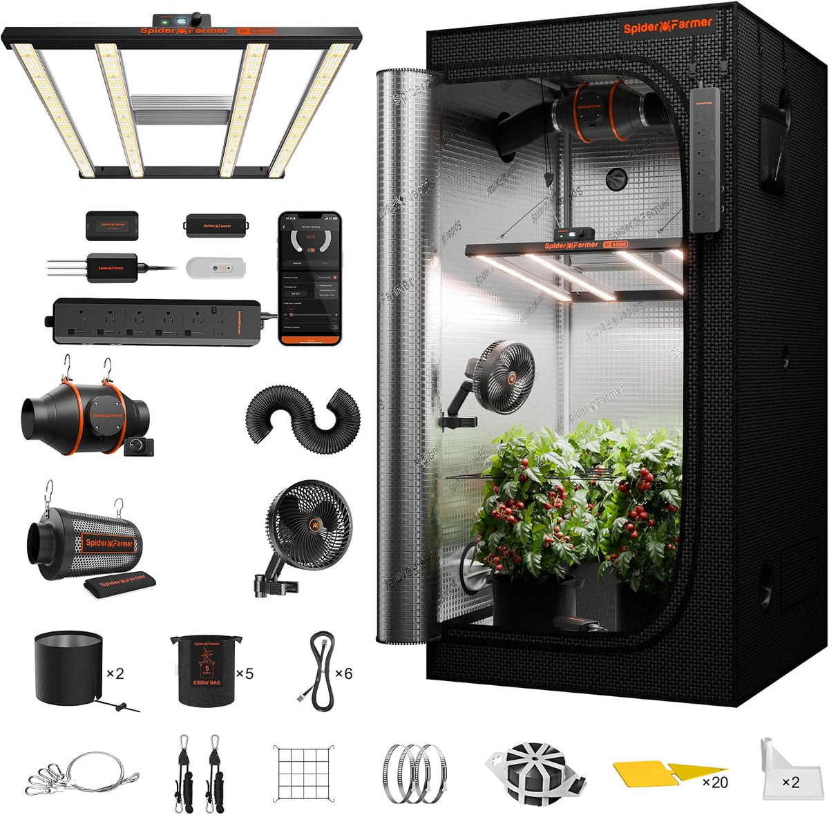 Spider Farmer 3x3x6ft G3000 Complete Grow Tent Kit with GGS AC5 Power Strip