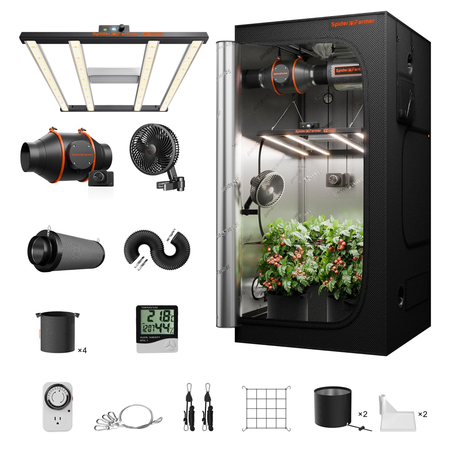 Spider Farmer Grow Tent Kit Complete 3x3x6ft G3000 Bar Style LED Grow Light Full Spectrum Ventilation System 36"x36"x70" Indoor Grow 1680D Canvas Tent 4" Inline Fan Carbon Filter & 6'' Clip Fan