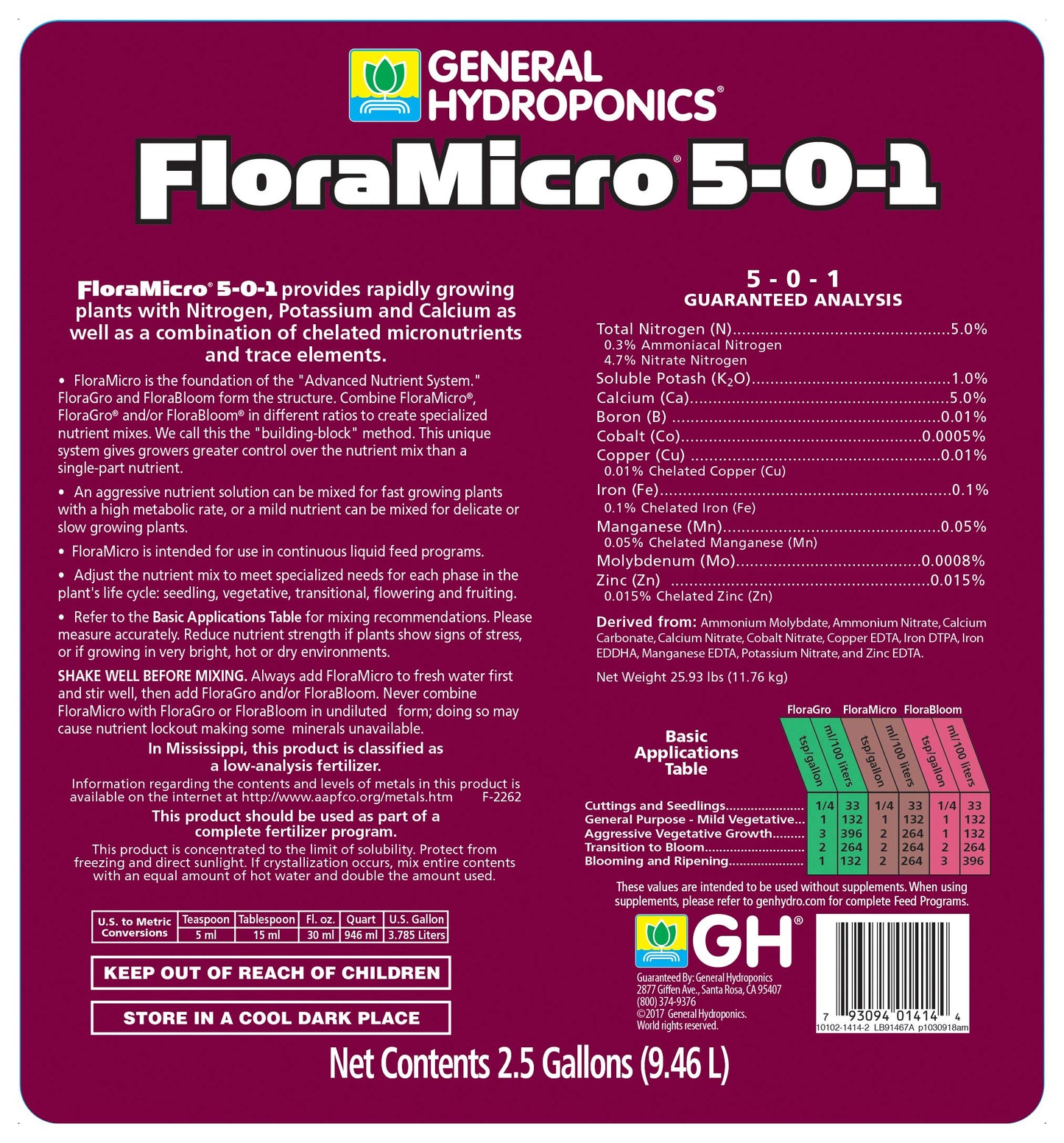 General Hydroponics FloraMicro 5-0-1, Use with FloraBloom & FloraGro For A Tailor-Made Nutrient Mix Ideal for Hydroponics, 1-Quart