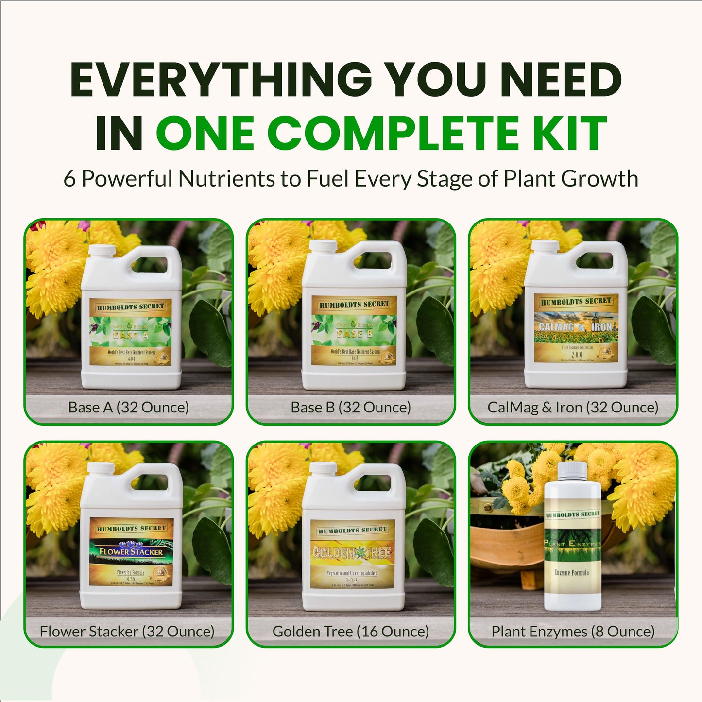 Humboldts Secret Starter Kit Pack | Indoor and Outdoor Plant Fertilizer and Hydroponic Nutrients | Base A & B, CalMag and Iron, Golden Tree, Flower Stacker, Plant Enzymes | Complete Garden System