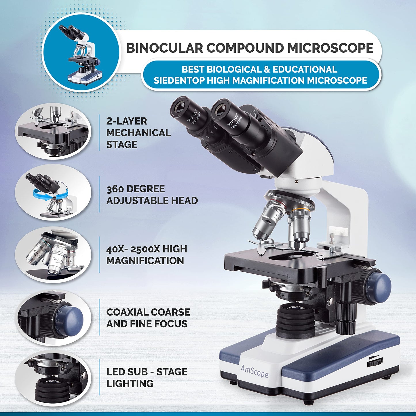 AmScope B120 Series Student & Professional LED Binocular Compound Microscope - 40X-2500X Magnification - Includes 5MP USB Camera & Siedentopf Head