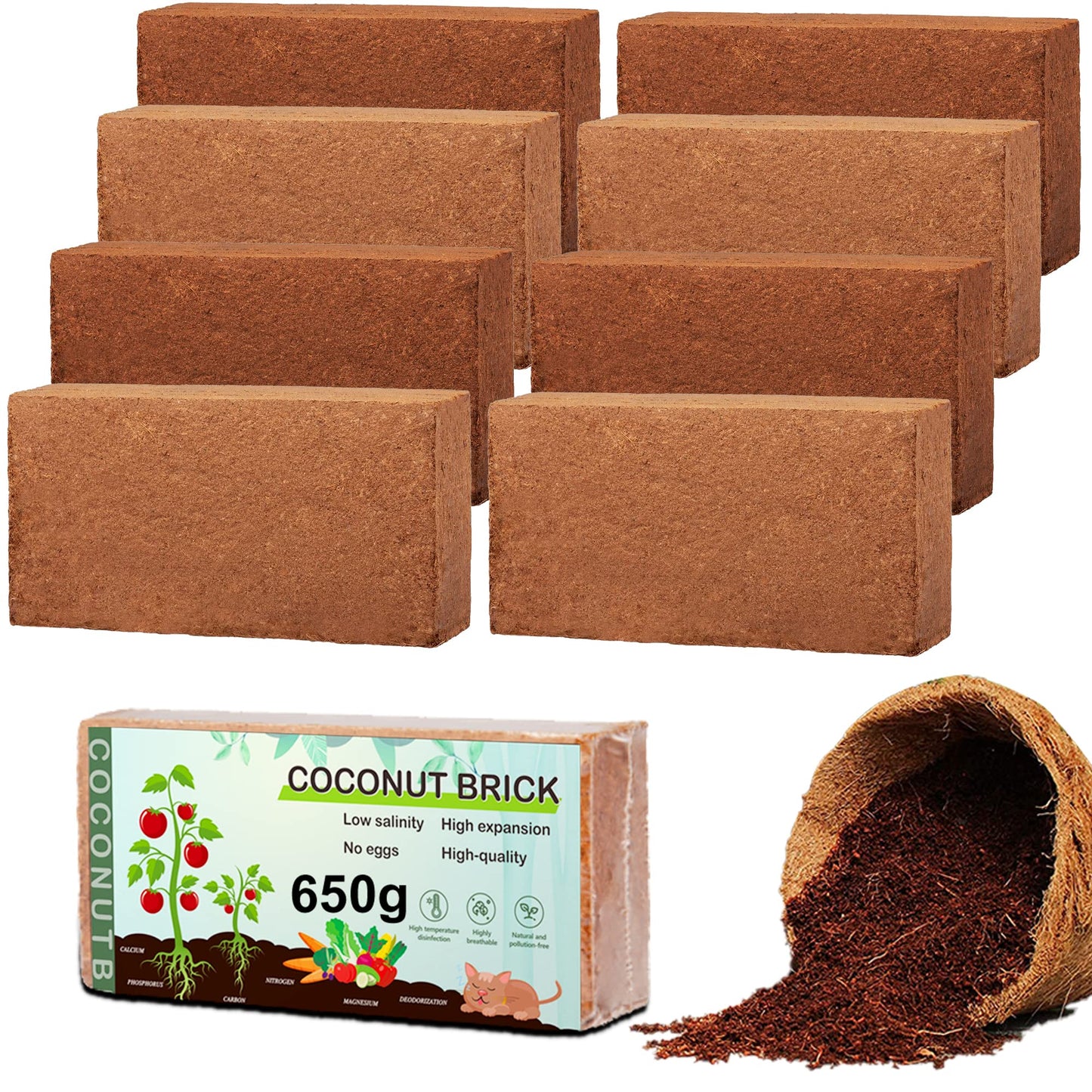 Premium Coco Coir Brick, 1.4Lb High Nutrinent Compressed Coconut Soil, OMRI 100% Organic Low EC & PH Balanced Potting Soil for All Plants Gardening, Hydroponics and Reptile Substrate (650G x 2)