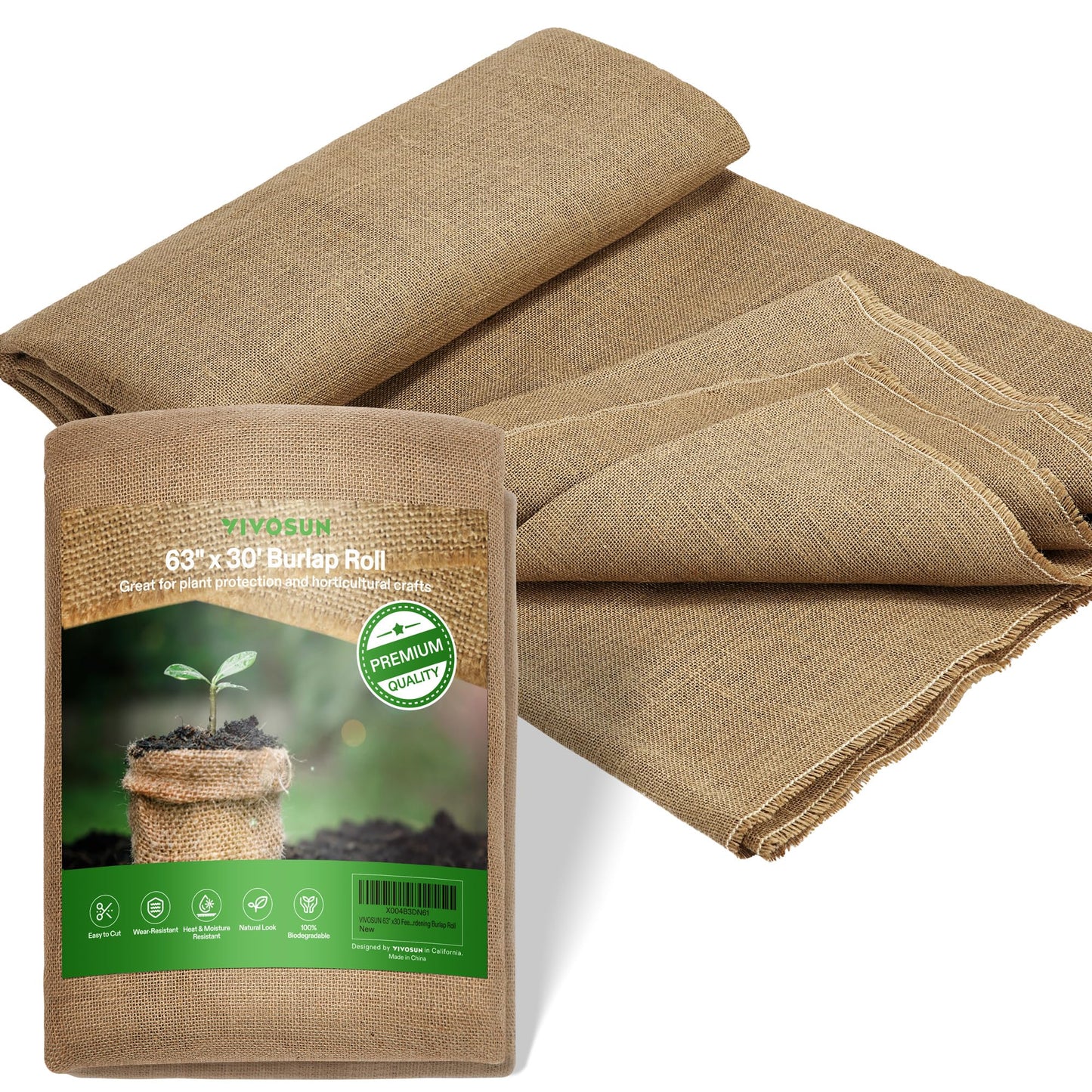 VIVOSUN 40 in x 13 ft Burlap Fabric, High Density Natural Jute Fiber, Multipurpose Burlap for Gardening, Outdoor Plant Care, Weed Barrier, DIY Crafts, and Decoration