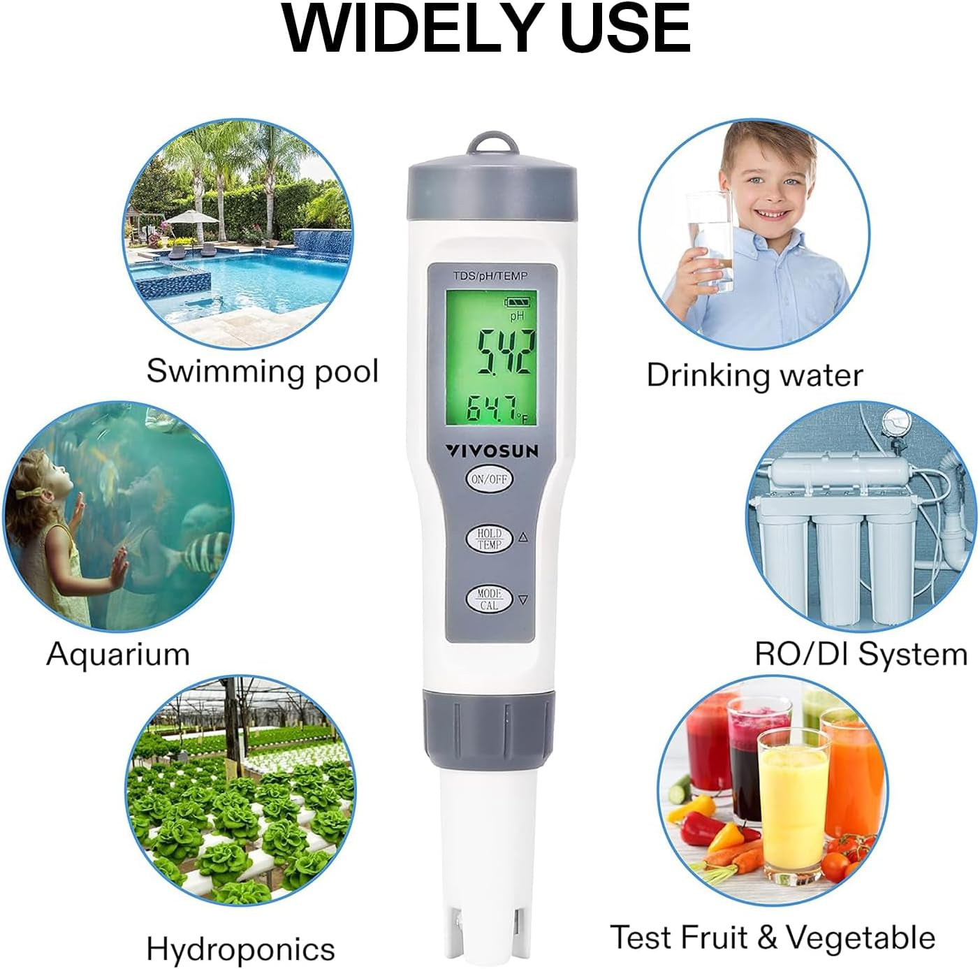 3-In-1 Digital Ph Meter with ATC, ±0.1 Ph Accuracy Water Quality Tester, 0-14.0 Ph Measurement Range for Hydroponics, Household Drinking, Pool and Aquarium