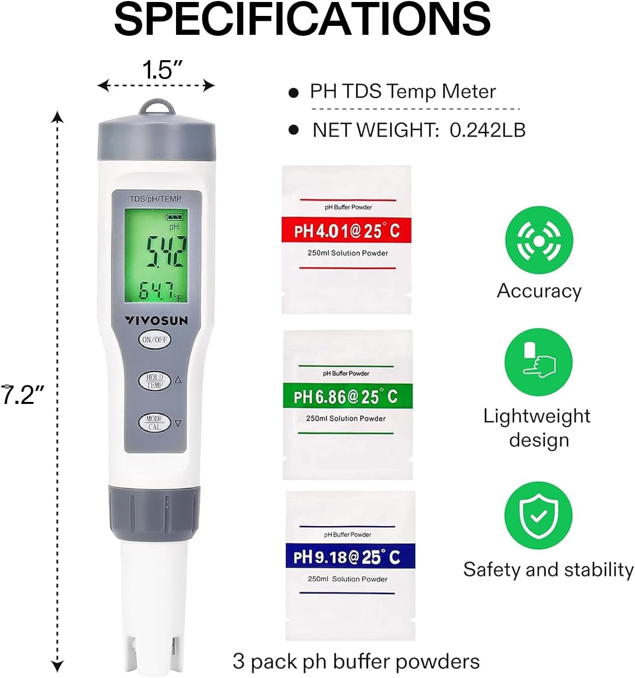 3-In-1 Digital Ph Meter with ATC, ±0.1 Ph Accuracy Water Quality Tester, 0-14.0 Ph Measurement Range for Hydroponics, Household Drinking, Pool and Aquarium