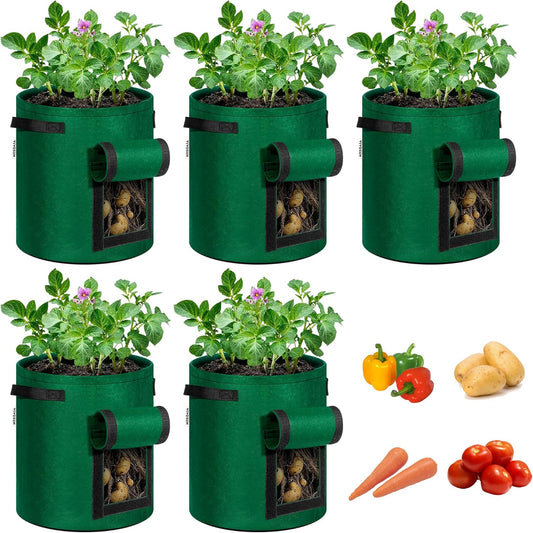 5-Pack 7 Gallon Potato Grow Bags for Growing Potatoes, Fabric Potato Pots with Handle and Roll-Up Window, Potato Growing Containers Potato Planter Potato Planter for Growing Potatoes, Green