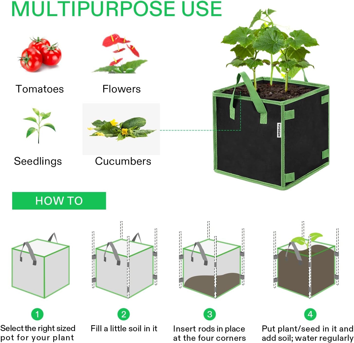 5 Pack 5 Gallon Square Grow Bags, Thick Nonwoven Cubic Fabric Pots with Handles for Indoor and Outdoor Gardening