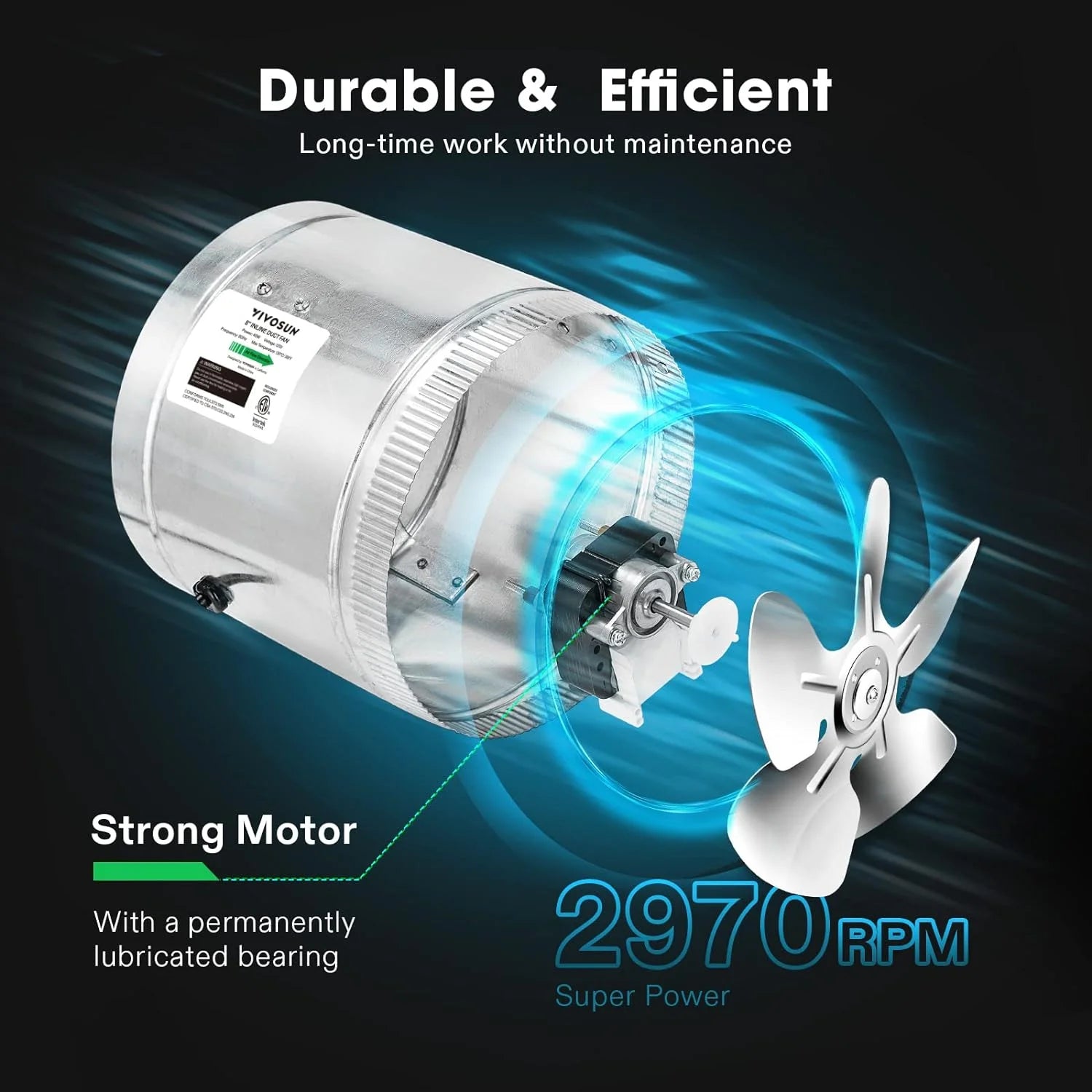 8 Inch Duct Inline Fan for HVAC Exhaust Intake 420 CFM Air Flow, Low Noise, Silver